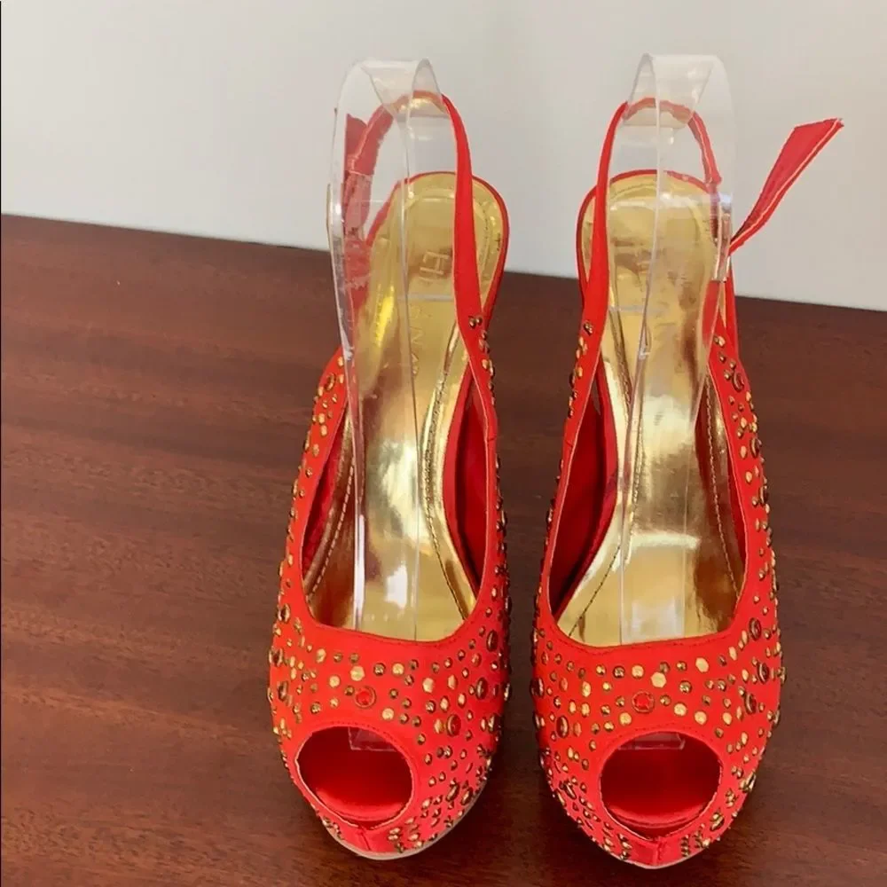 Liliana , Red Jeweled Silk Platform Shoe